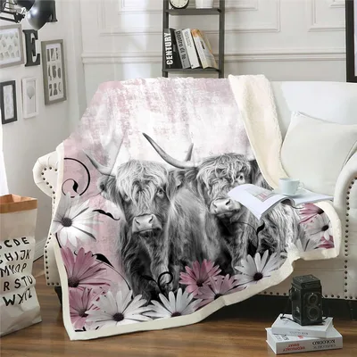Highland Cows with Daisy Flowers Blanket featuring shaggy cattle