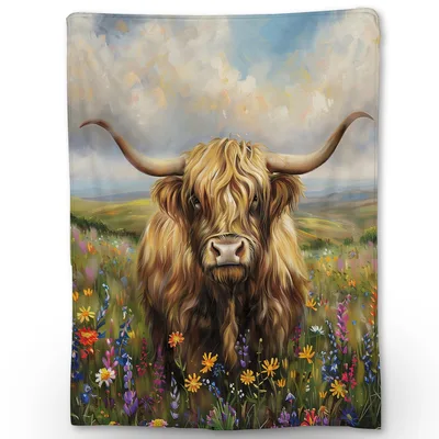 Highland Cow in Wildflowers Blanket: Fluffy Farm Animal Art