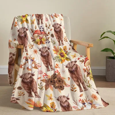 Fall Highland Cow Pattern Blanket: Shaggy Herd with Autumn Flora