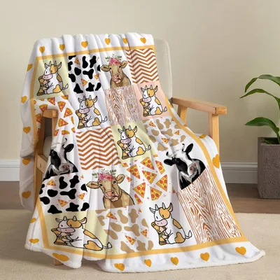Cute Cows Chevron Pattern Blanket with Pizza and Floral Motifs