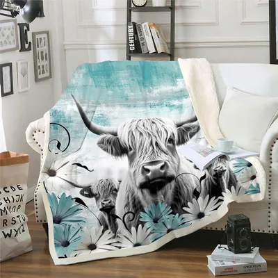 Teal Highland Cow Daisy Blanket: Rustic Farmhouse Art with Longhorns