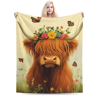 Highland Cow with Flower Blanket featuring a boho floral crown