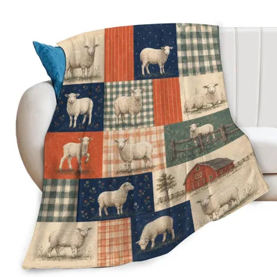 Sheep Farm Patchwork Blanket: Rustic Quilt Design with Sheep and Barn