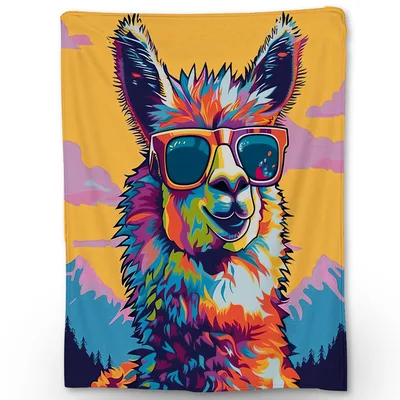 Colorful Llama in Sunglasses Blanket featuring a vibrant
