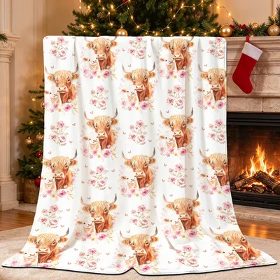 Pink Flower Highland Cow Blanket: Fluffy Cows and Roses