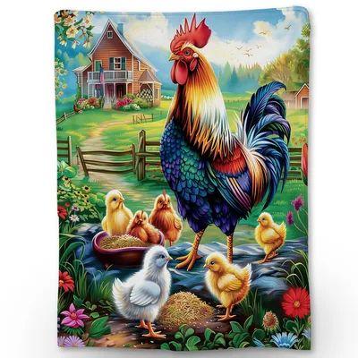 Rooster and Chicks Farm Scene Blanket featuring a colorful rooster