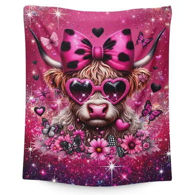 Highland Cow Pink Bow Sunglasses Blanket: Glittery Cow with Hearts