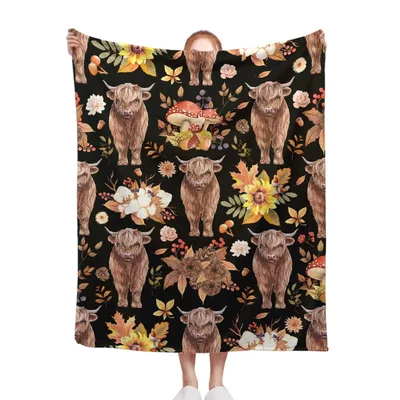 Highland Cows and Flowers Blanket: Shaggy Herd with Autumn Botanicals