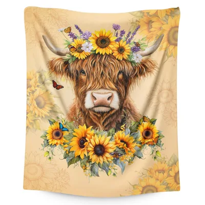 Highland Cow with Sunflowers Blanket: Shaggy Cattle Floral Art