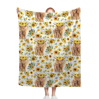 Highland Cow Sunflower Pattern Blanket