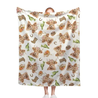 Highland Cow Cactus Pattern Blanket: Shaggy Cattle with Floral Crowns