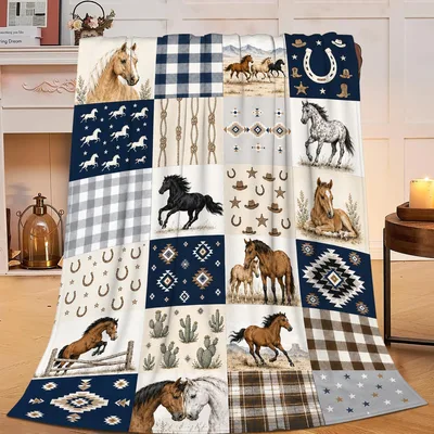 Horses Patchwork Quilt Pattern Blanket: Western Equestrian Design