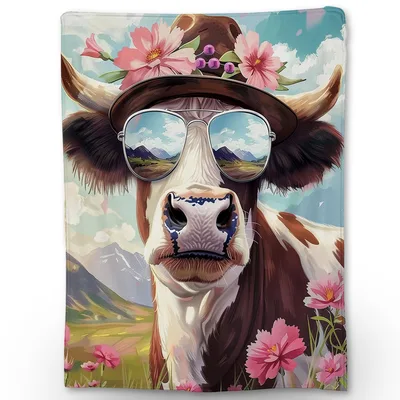 Highland Cow with Sunglasses Blanket: Cool Farm Animal Art