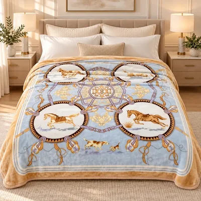 Horse Print Medallion Pattern Blanket with Equestrian Art Design
