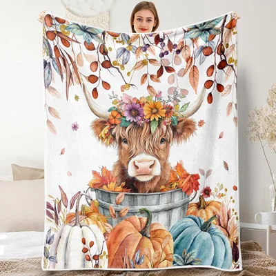 Fall Pumpkin Highland Cow Blanket: Fluffy Autumn Farm Animal Design