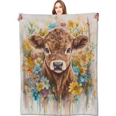 Sweet Highland Calf Blanket: Watercolor Cow Art for Farm Lovers