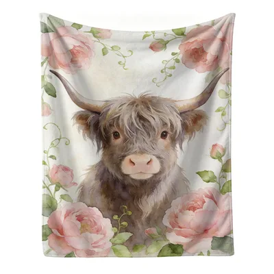 Highland Cow with Pink Roses Blanket: Shaggy Cattle and Floral Art