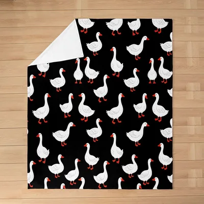White Geese Pattern Blanket: Cute Cartoon Goose Print on Black