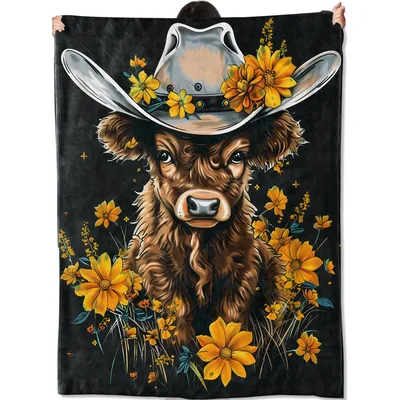 Highland Cow Cowboy Hat Blanket: Shaggy Calf in Western Style