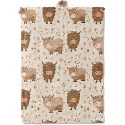 Highland Cows Meadow Pattern Blanket: Fluffy Farm Animal Design