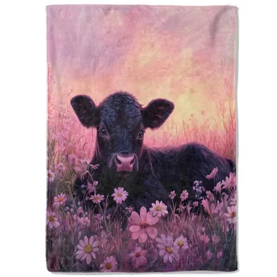 Black Calf in Wildflower Blanket: A Peaceful Sunset Scene