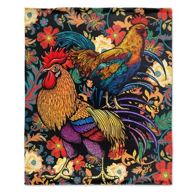 Colorful Rooster Floral Pattern Blanket: Vibrant Farmyard Art