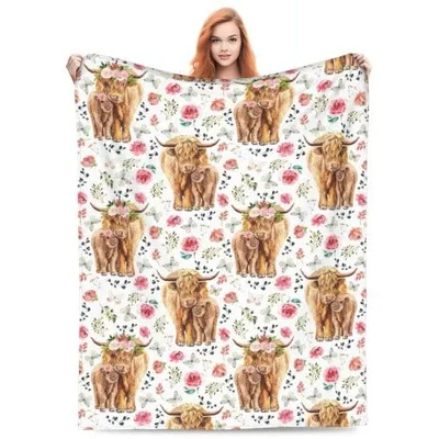 Highland Cow Floral Pattern Blanket: Shaggy Cows with Pink Roses