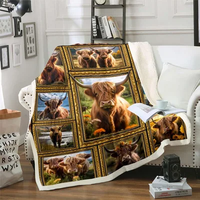 Highland Cows in Gold Blanket: Framed Farm Animal Art for Cozy Spaces
