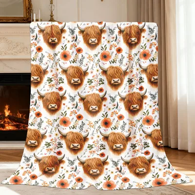 Highland Cows with Flowers Blanket No. 2
