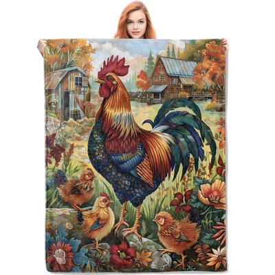 Farmhouse Rooster Painting Blanket: Rustic Farm Scene with Chickens