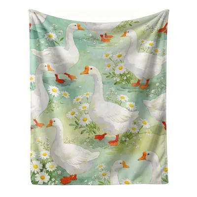 Geese and Daisies Farmhouse Blanket featuring white geese