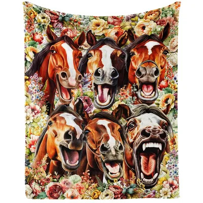 Laughing Horses Floral Collage Blanket: Joyful Equine Art
