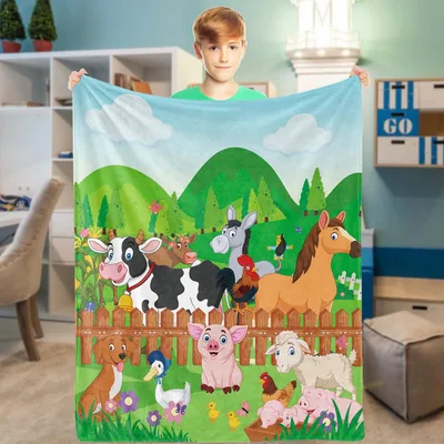Cute Farm Animals Cartoon Blanket featuring a vibrant pasture