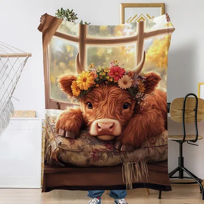 Highland Cow with Flower Blanket: Rustic Calf with Floral Crown Design