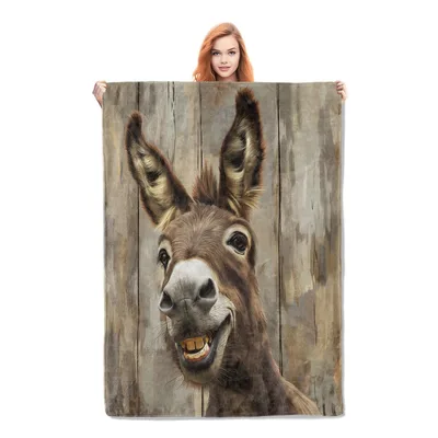 Cute Donkey Portrait Blanket: Farm Animal Art on Wood