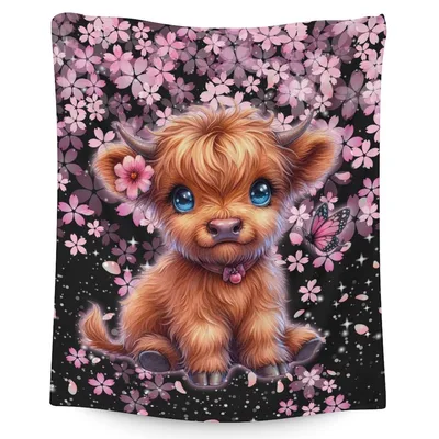 Highland Cow with Pink Blossoms Blanket featuring a fluffy calf