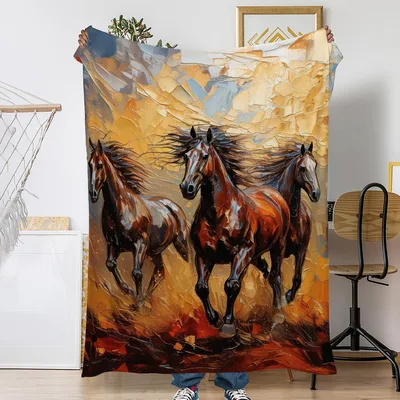 Galloping Wild Horses Painting Blanket: Artistic Equine Design
