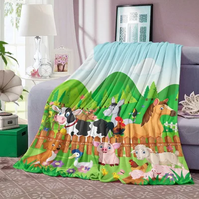 Cute Farm Animals Blanket: Cartoon Herd on Green Hills