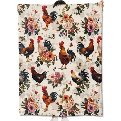 Rooster and Chicken Floral Blanket featuring vintage roosters