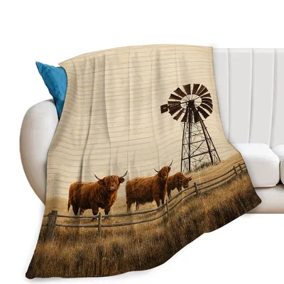Highland Cows by Windmill Blanket: Rustic Farm Scene with Shaggy Herd