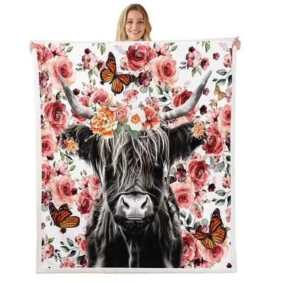 Highland Cow with Pink Blanket: Floral Design for Farm Lovers