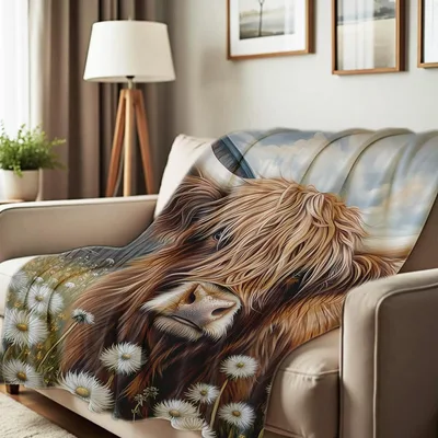 Highland Cow Portrait Print Blanket: Fluffy Cattle Art for Farm Lovers
