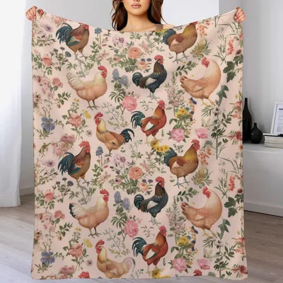 Pink Floral Chickens Pattern Blanket: Roosters and Roses Design