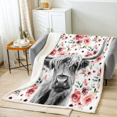 Highland Cow Pink Flowers Blanket: Shaggy Cattle with Watercolor Roses