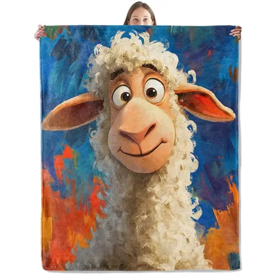Smiling Cartoon Sheep Blanket: Fluffy Character Art for Cozy Spaces