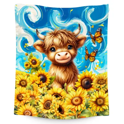 Highland Cow in Sunflowers Blanket: Fluffy Calf Art for Nature Lovers