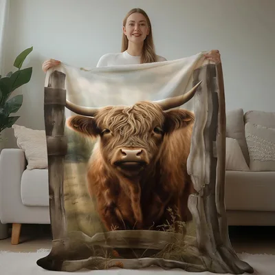 Highland Cow Portrait Blanket No. 2: Rustic Farm Animal Art