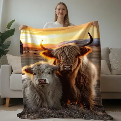Highland Cows at Sunset Blanket No. 2