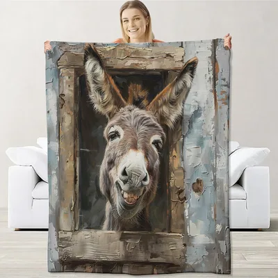 Donkey at Barn Window Blanket: Rustic Farm Art for Cozy Spaces
