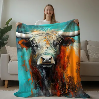 Highland Cow Watercolor Portrait Blanket featuring a vibrant